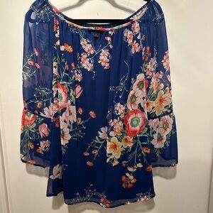 I.N. Studio Navy Floral Cold Shoulder Blouse 1X
